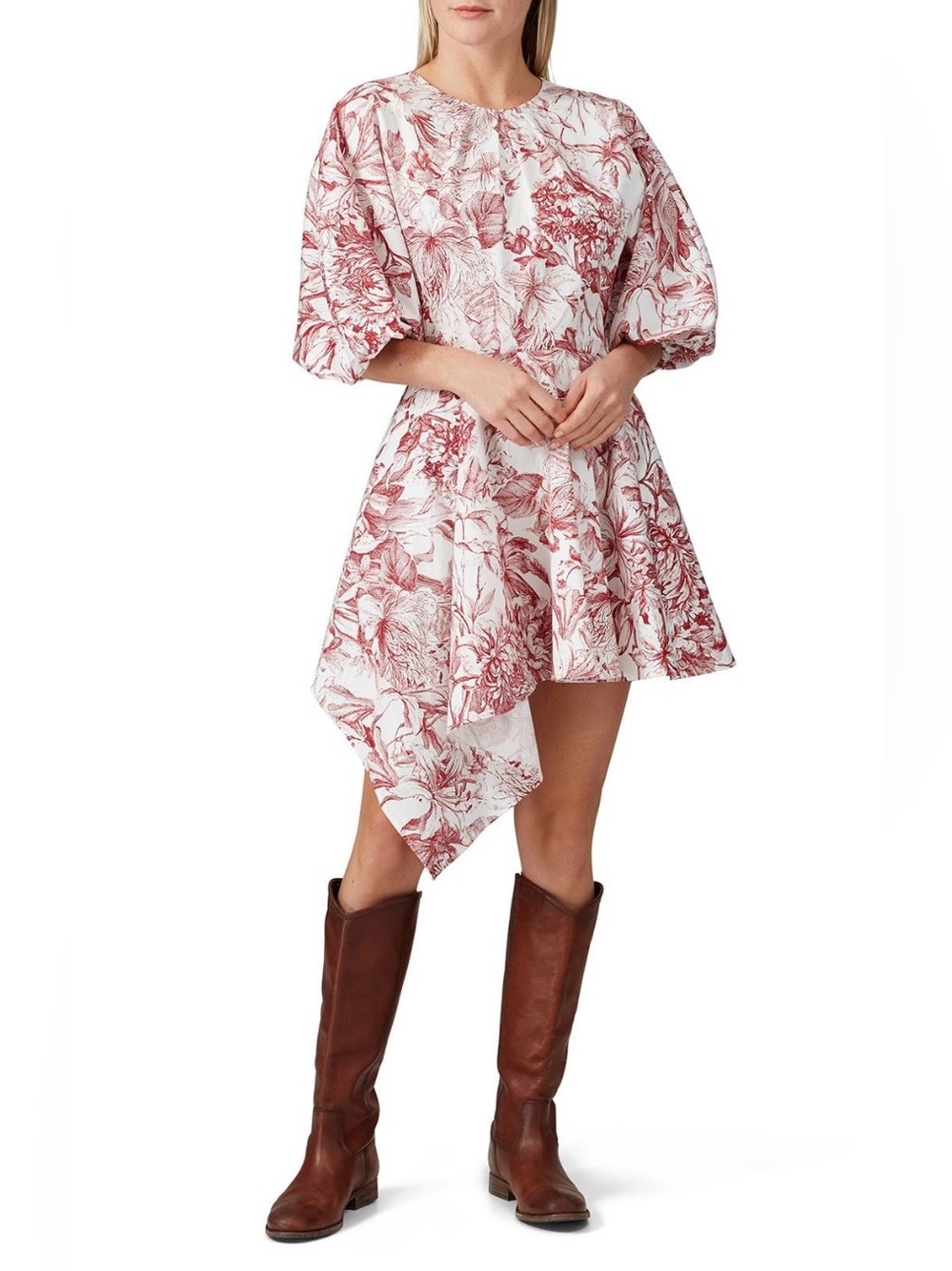 Petersyn White Dress with Rosewood Floral Print and Asymmetrical Hem~Size M~$290